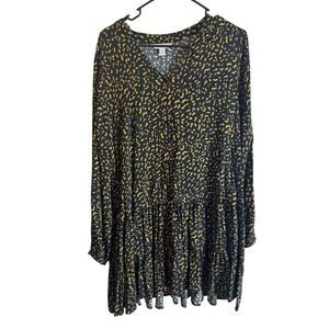 Women’s Tiered M Flowy Drop Waist Tiered Babydoll Black Ditsy Hippy Prarie Boho